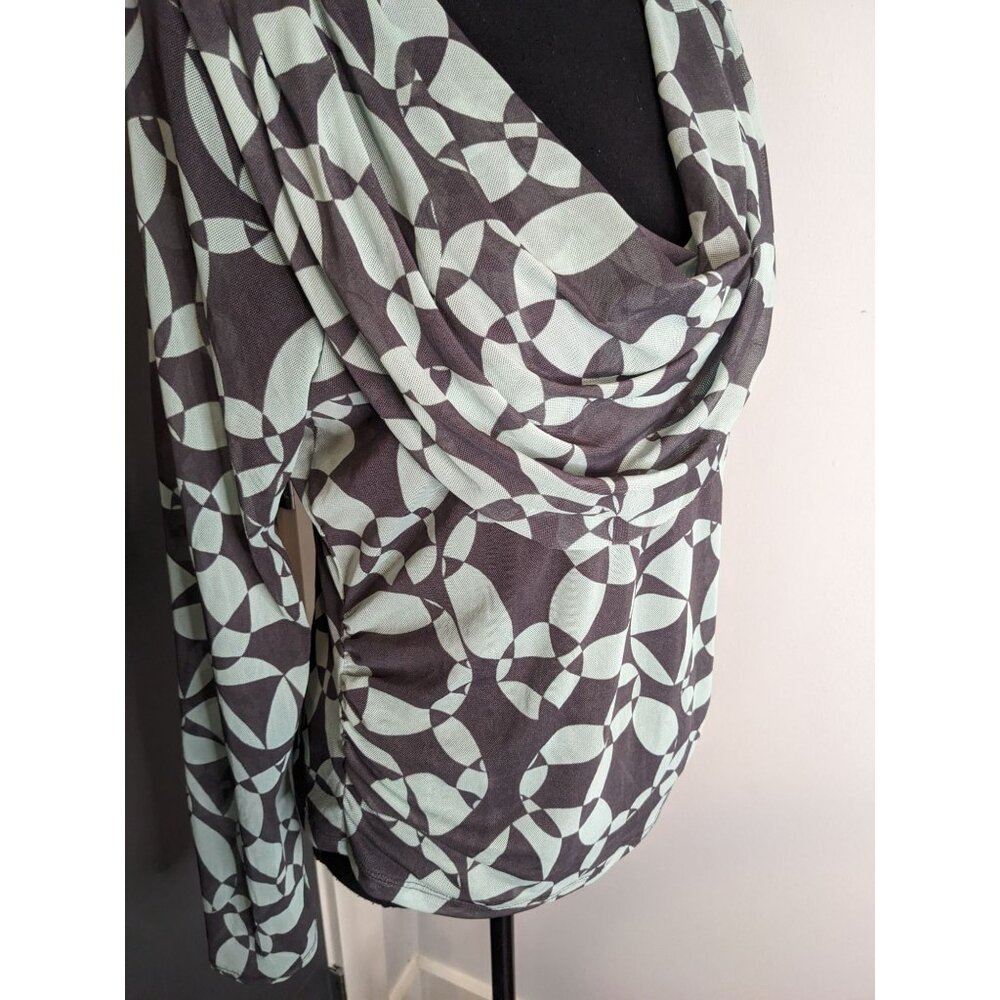 y2k Ideology Cowl Neck Abstract Print Mesh Long‎ Sleeve Top - L - Picture 2 of 9